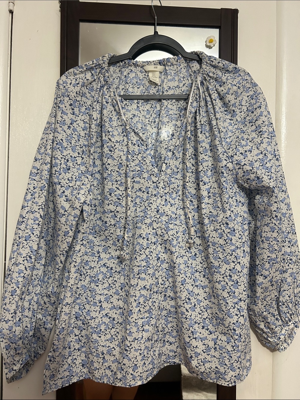 H&M Blue and White Floral Tie-Neck Blouse